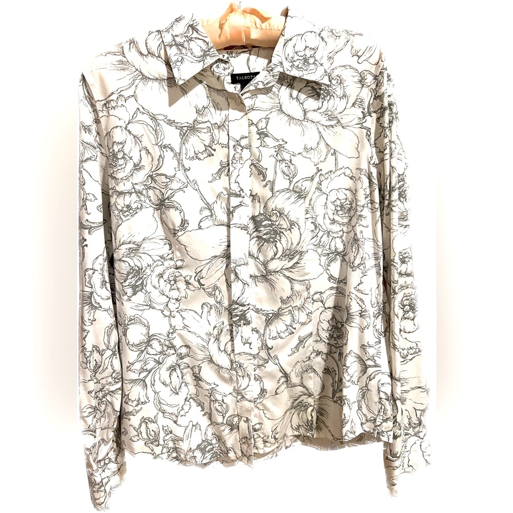 Talbots Grey + White Floral Button Down Blouse Size 6